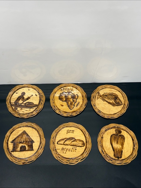 Other - Handmade Woven Wood Coasters with Burnt Designs - Set of 6 - Natural Brown